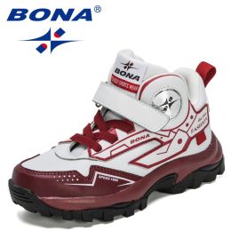 BONA 2021 New Designers Trendy Hiking Sport Shoes Children High Top Teenagers Mountain Climbing Trekking Shoes Child Winter Boot (Color: White dark red, size: 5.5)