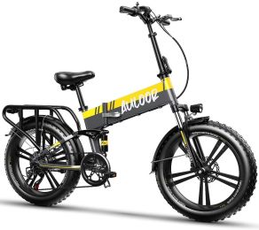 Auloor 20H1F 750W Foldable Electric Bike for Adults with 20'x4'Fat Tire; E Bikes MTB with LG 48V 12.8Ah Battery Shimano 7-Speed Ebike (Color: Yellow&Grey)